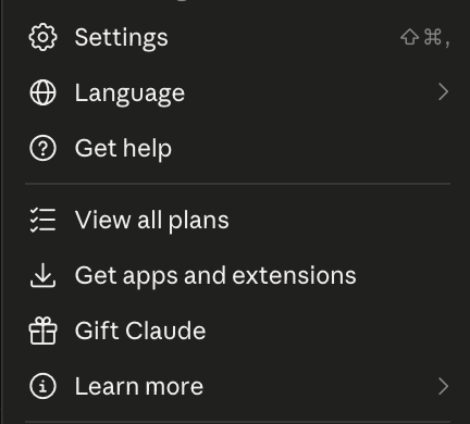 The Claude menu, with Settings at the top above Language and Get help.