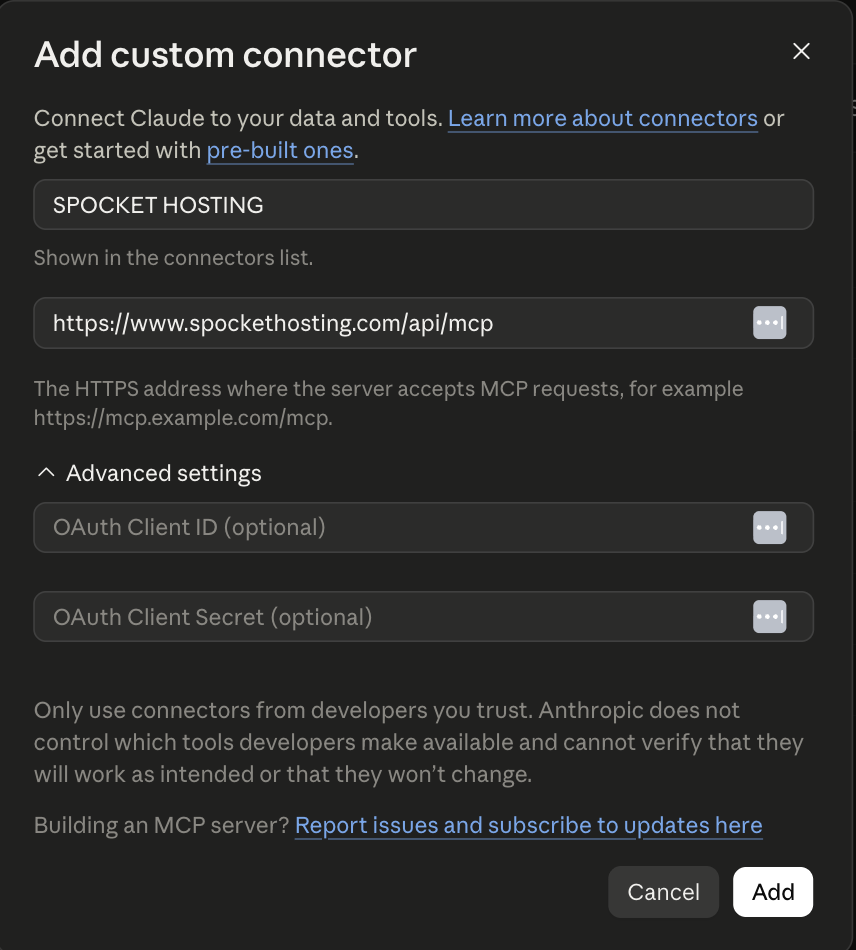 The Add custom connector dialog, with a name field reading SPOCKET HOSTING and the URL field containing https://www.spockethosting.com/api/mcp. The OAuth client ID and secret fields under Advanced settings are empty.